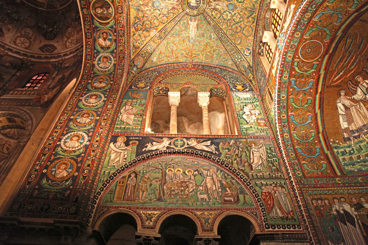 Basilica of San Vitale mosaic on the north lunette of the choir of the basilica depicting Abraham at Mamre bringing an offering to the three angels