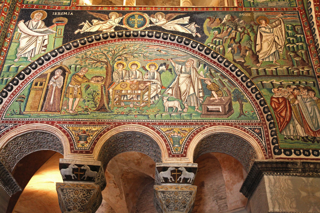 Basilica of San Vitale mosaic on the north lunette of the choir of the basilica depicting Abraham at Mamre bringing an offering to the three angels