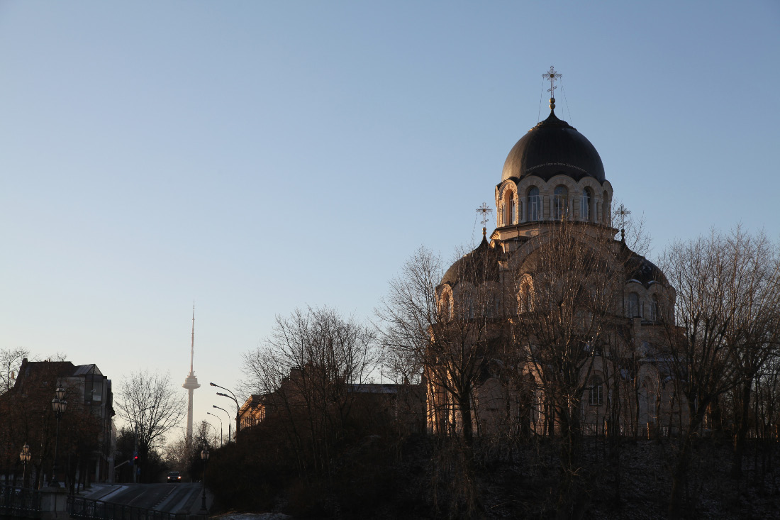 in Vilnius Lithuania the TV Tower and the Orthodox Church of Our Lady of the Sign